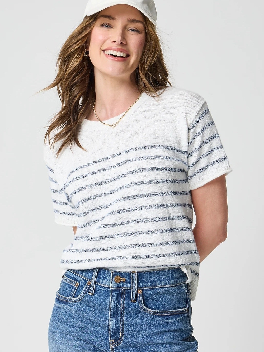 J.Crew Factory Striped Short Sleeve Relaxed Beach Sweater Top Ivory Navy Size S